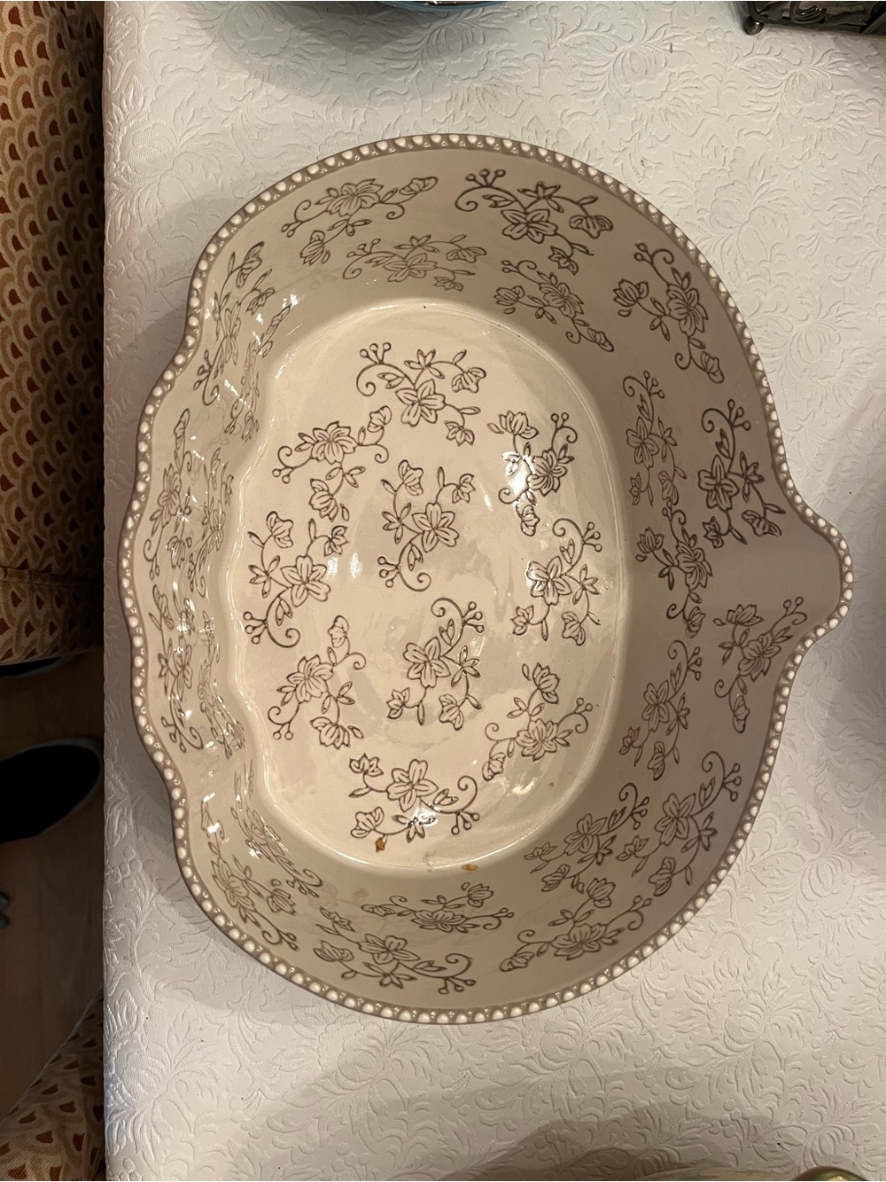 Temp-Tations Cream Ceramic Serving Bowl with Brown Floral Motif
